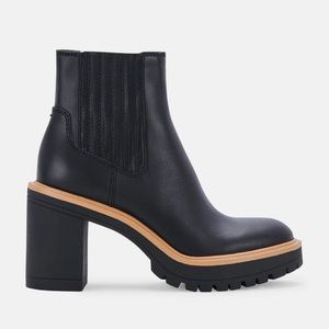 Black and tan heeled booties